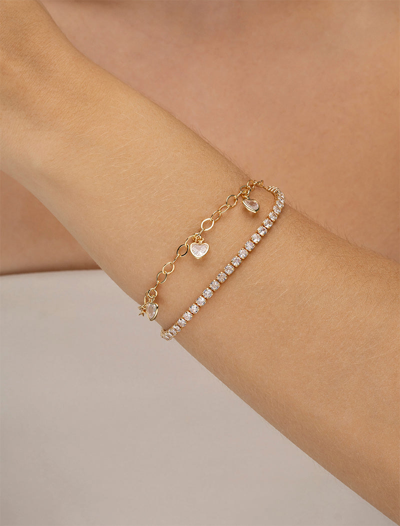 Pulseira Dupla Riviera Corações Banho Ouro 18k