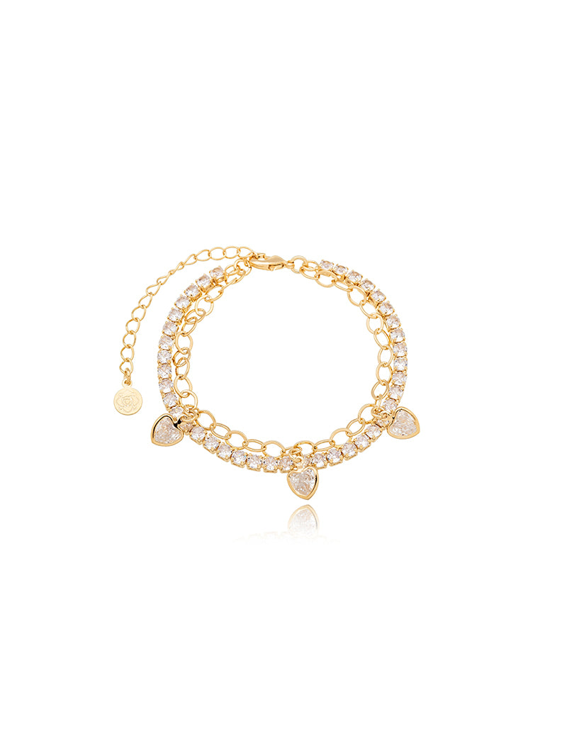 Pulseira Dupla Riviera Corações Banho Ouro 18k