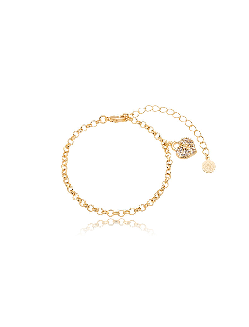 Pulseira Cadeado Coração Cravejado Banho Ouro 18K