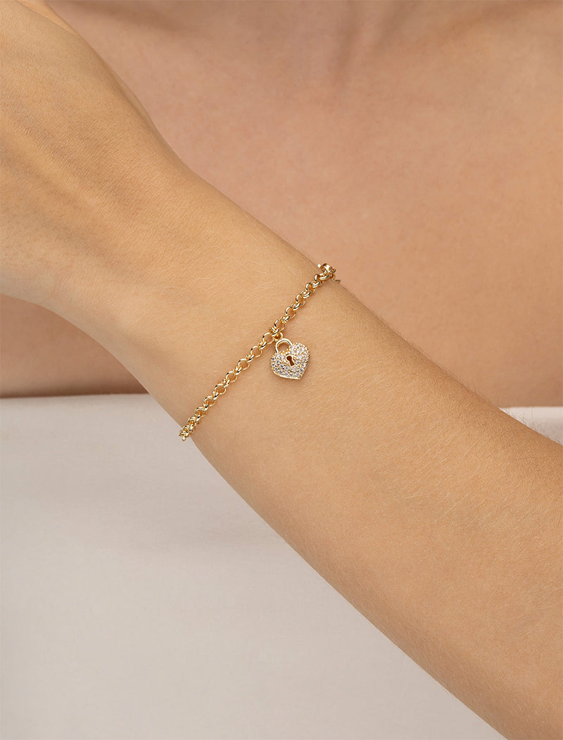 Pulseira Cadeado Coração Cravejado Banho Ouro 18K
