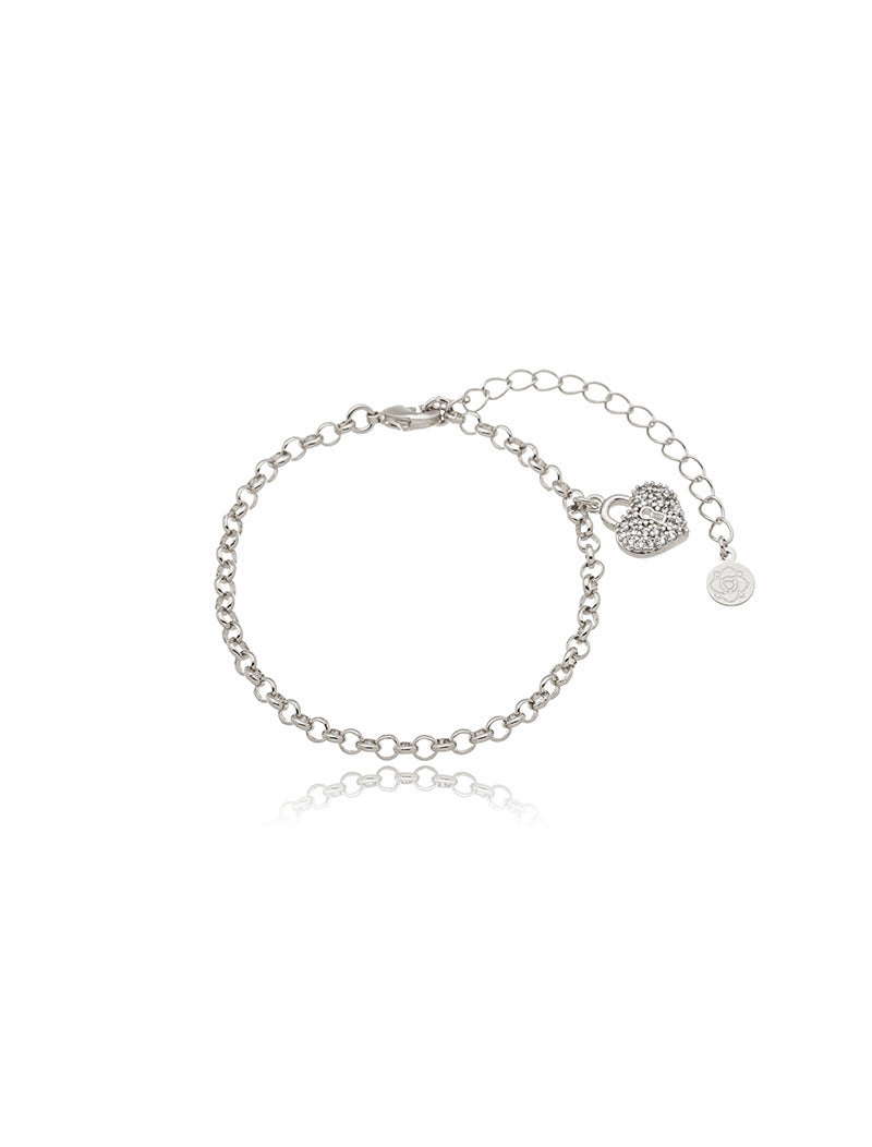 Pulseira Cadeado Coração Cravejado Banho Ródio