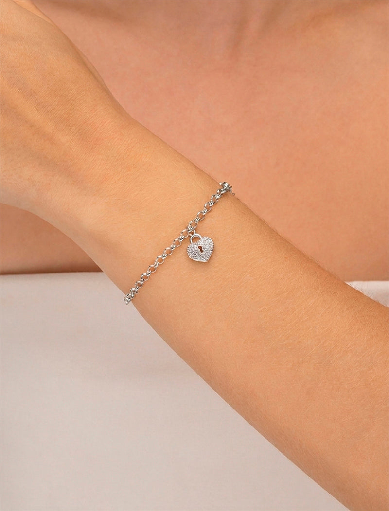 Pulseira Cadeado Coração Cravejado Banho Ródio