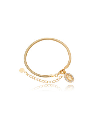 Pulseira Malha Pingente Oval Cravejado Nossa Senhora Banho Ouro 18K Zircônia