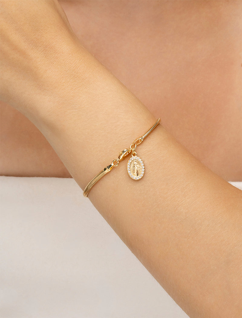 Pulseira Malha Pingente Oval Cravejado Nossa Senhora Banho Ouro 18K Zircônia