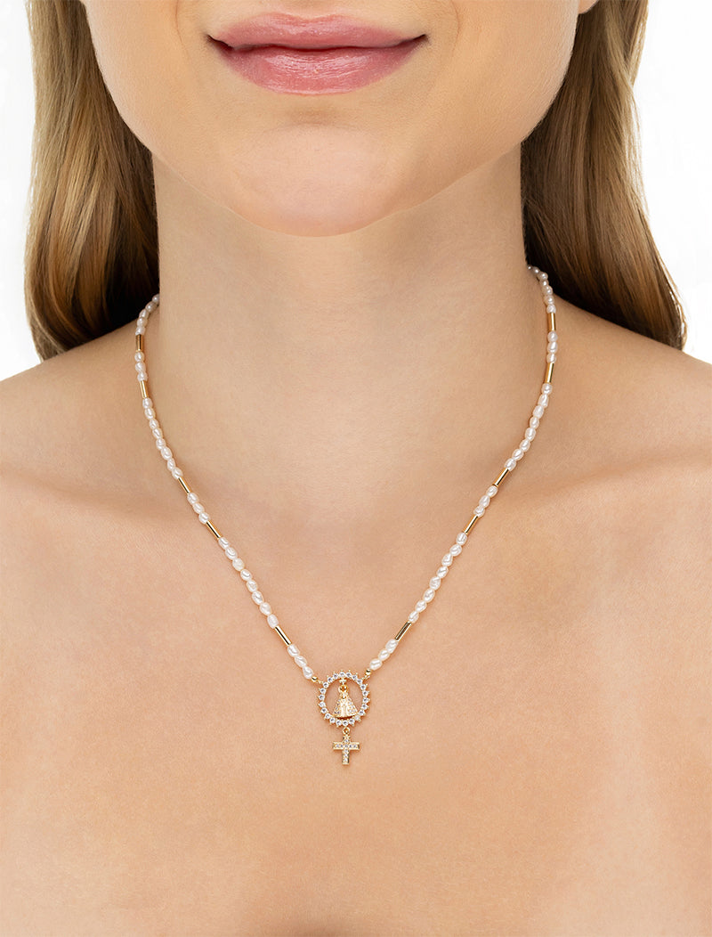 Colar Canutilhos Nossa Senhora Cravejado Banho Ouro 18k Pérola Água Doce