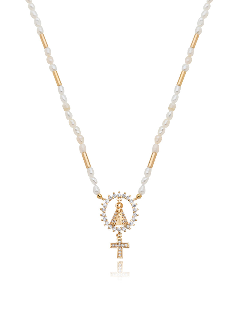 Colar Canutilhos Nossa Senhora Cravejado Banho Ouro 18k Pérola Água Doce