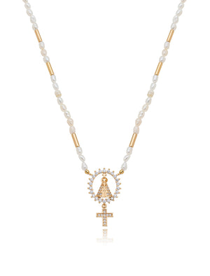 Colar Canutilhos Nossa Senhora Cravejado Banho Ouro 18k Pérola Água Doce