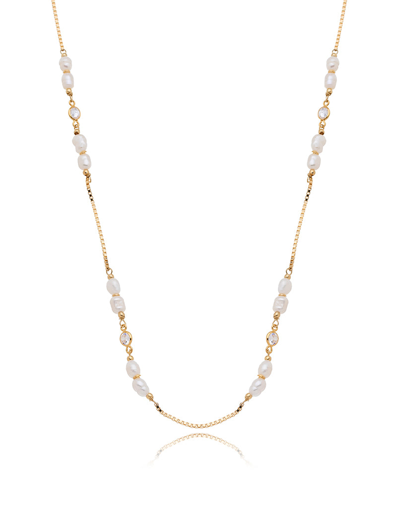 Colar Longo Pontos De Luz Pérolas Água Doce Banho Ouro 18k