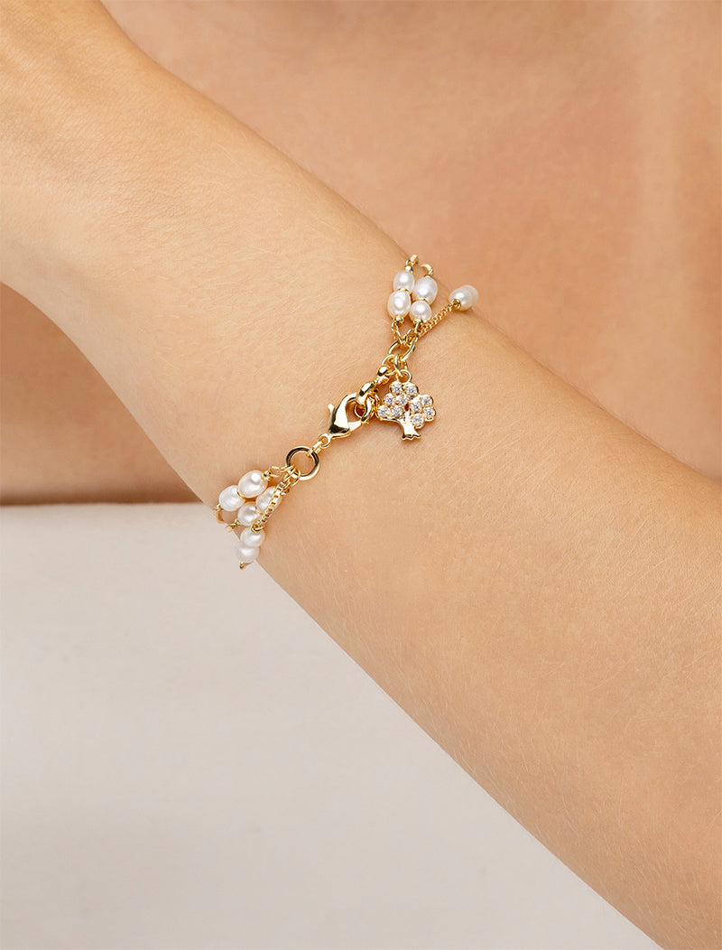 Pulseira Fileiras Árvore Cravejadad Banho Ouro 18k Pérolas Água Doce