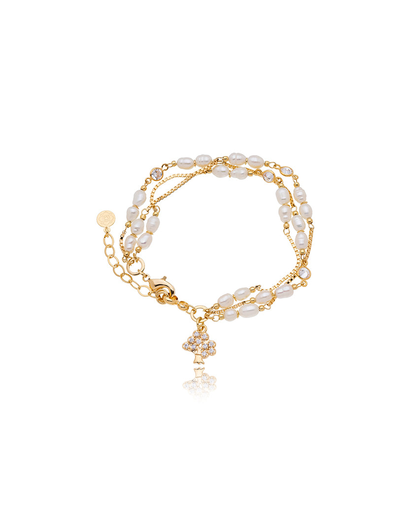 Pulseira Fileiras Árvore Cravejadad Banho Ouro 18k Pérolas Água Doce