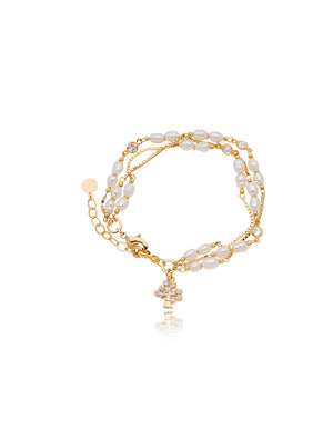 Pulseira Fileiras Árvore Cravejadad Banho Ouro 18k Pérolas Água Doce