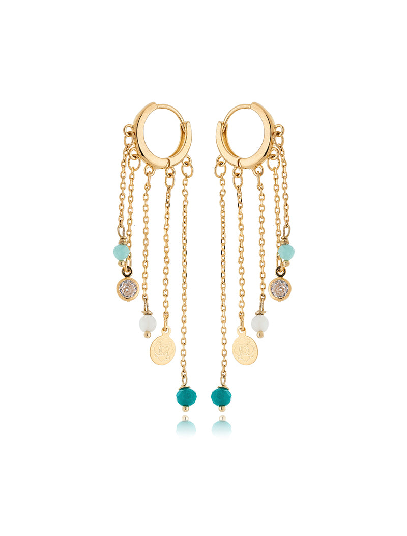 Brinco Maré Argola Fios Banho Ouro 18k Jade Madrepérola Zircônia