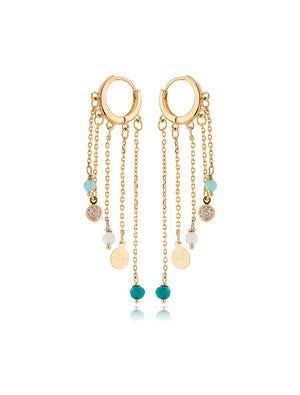 Brinco Maré Argola Fios Banho Ouro 18k Jade Madrepérola Zircônia