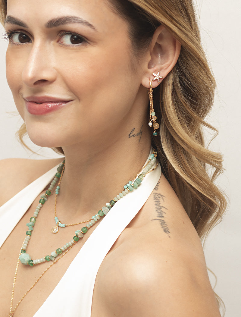 Brinco Maré Argola Fios Banho Ouro 18k Jade Madrepérola Zircônia
