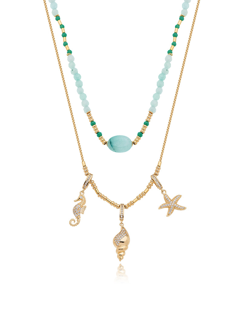 Colar Maré Duo Fundo Do Mar Banho Ouro 18k Jade Cristais