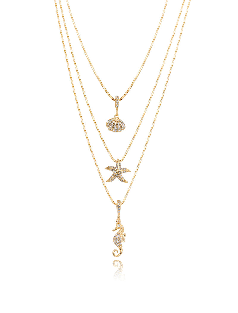 Colar Maré Trio Fundo Do Mar Cravejado Banho Ouro 18k Zircônias