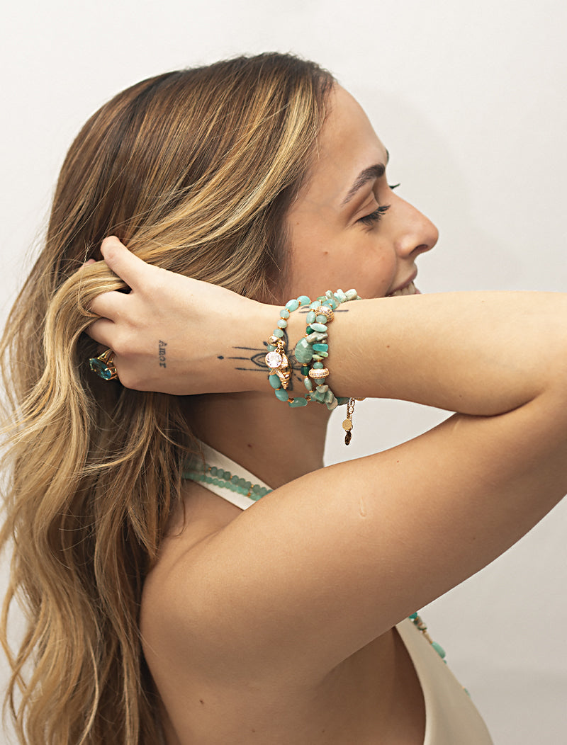 Pulseira Maré Concha Estrela Cravejadas Banho Ouro 18k Zircônia Jade Cristal Madrepérola