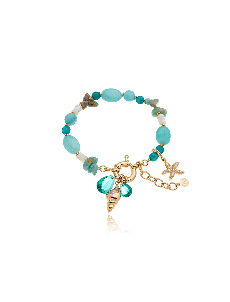 Pulseira Maré Concha Estrela Cravejadas Banho Ouro 18k Zircônia Jade Cristal Madrepérola