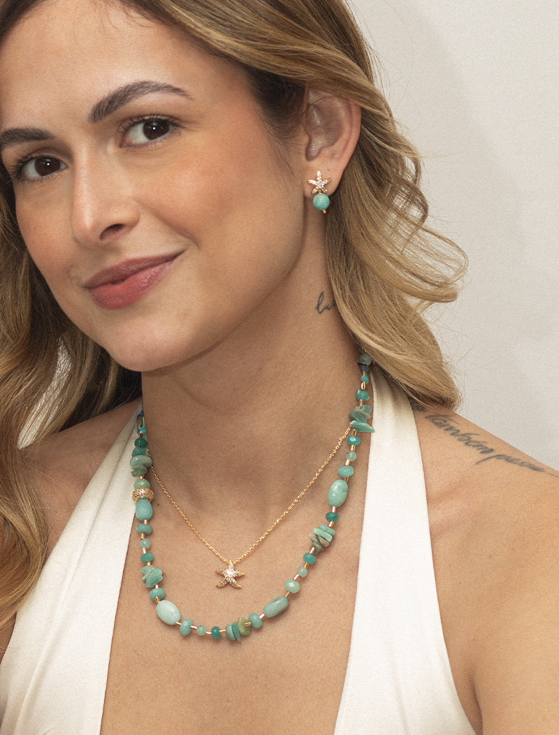 Brinco Maré Base Estrela Cravejada Banho Ouro 18k Jade Zircônias