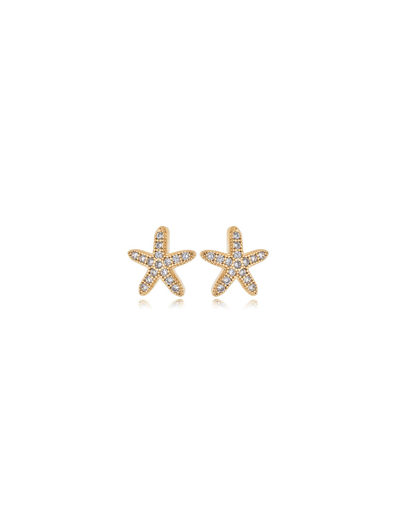 Brinco Fixo Maré Estrela Do Mar Cravejada Banho Ouro 18k Zircônias