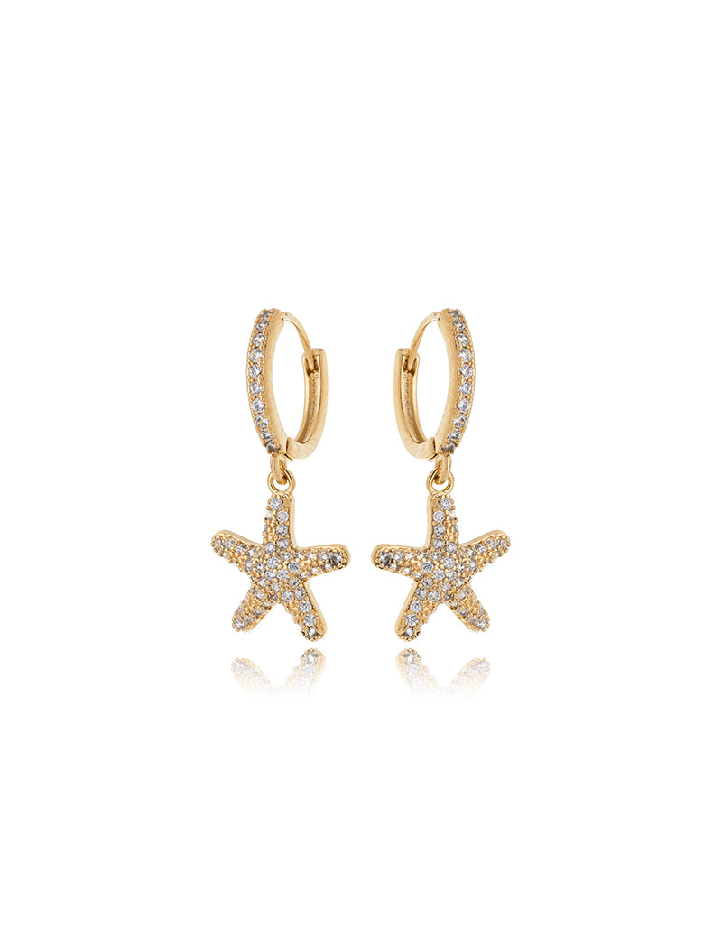 Brinco Maré Argola Click Estrela Do Mar Cravejada Banho Ouro 18k Zircônias