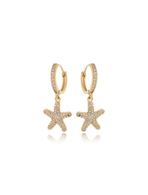 Brinco Maré Argola Click Estrela Do Mar Cravejada Banho Ouro 18k Zircônias