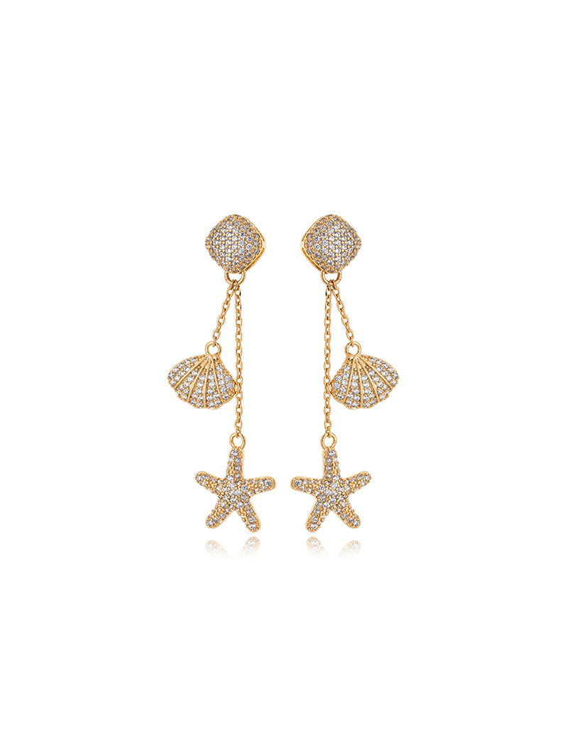 Brinco Maré Base Quadrada Fios Concha Estrela Banho Ouro 18k Zircônias