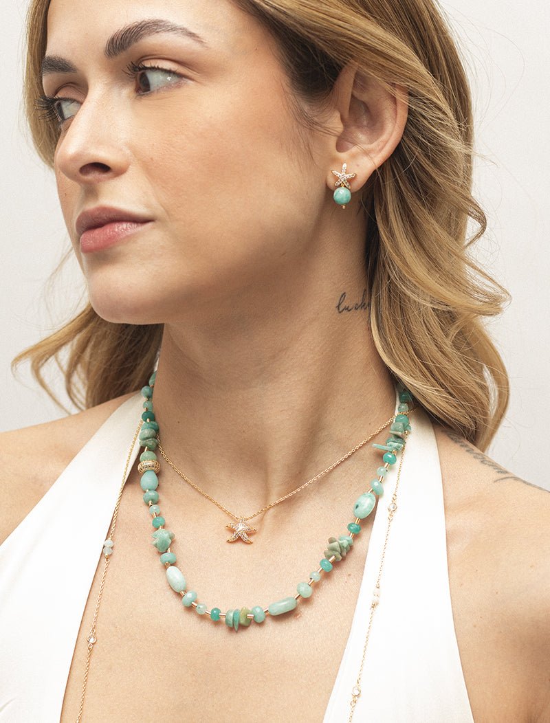 Colar Maré Estrela Do Mar Cravejada Banho Ouro 18k Zircônias