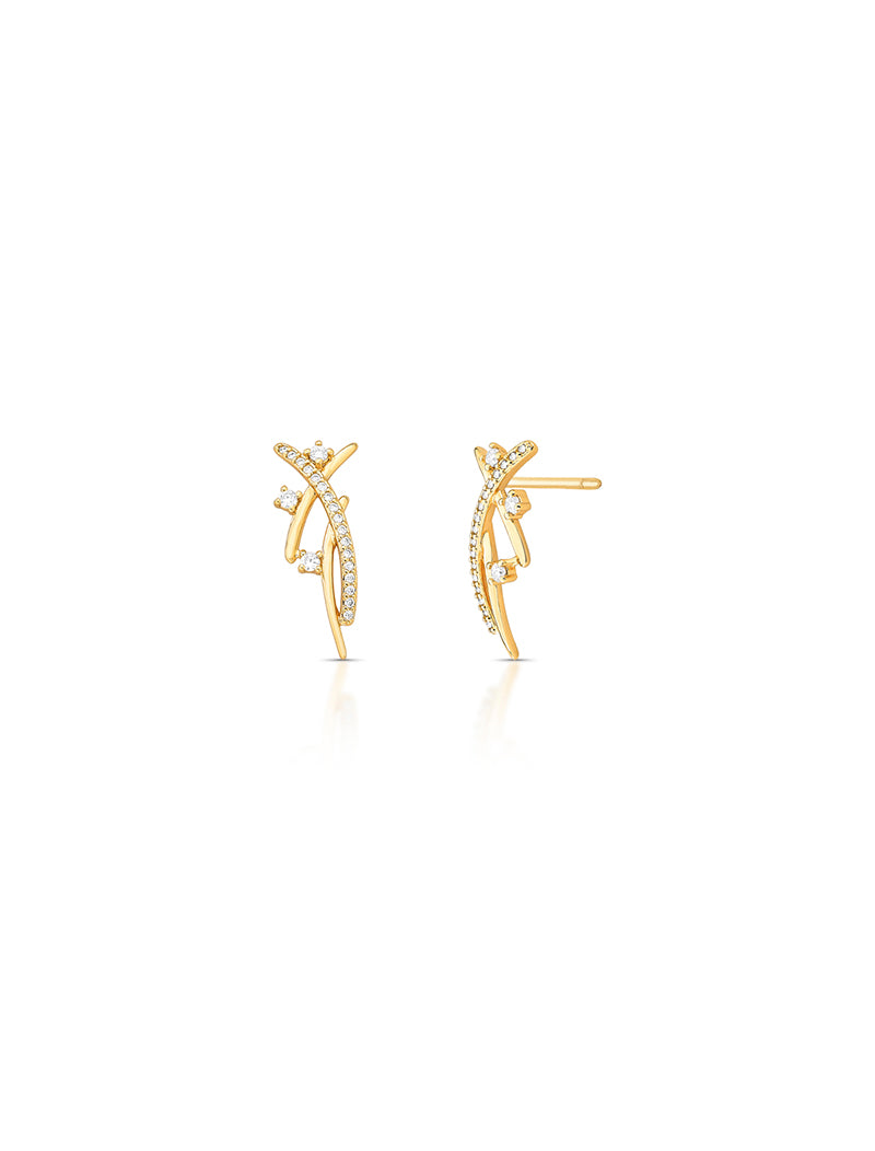 Brinco Curvo Entrelaçado Cravejado Banho Ouro 18k Zircônias