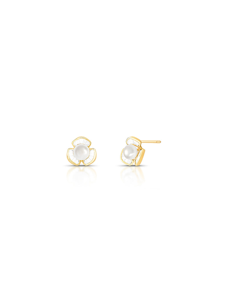 Brinco Delicado Flor Banho Ouro 18k Pérola de Água Doce Cristal