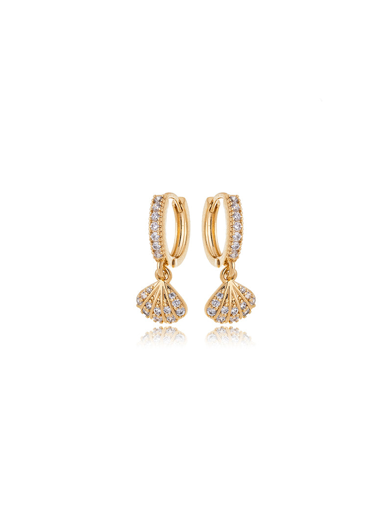 Brinco Maré Argola Click Concha Cravejado Banho Ouro 18k Zircônias