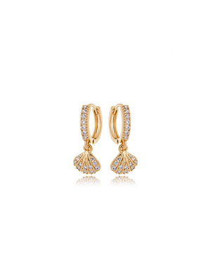 Brinco Maré Argola Click Concha Cravejado Banho Ouro 18k Zircônias