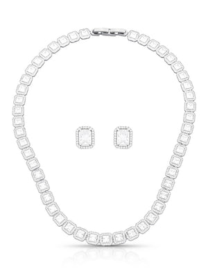 Conjunto Quadrados Cravejados Banho Ródio Cristais Zircônias