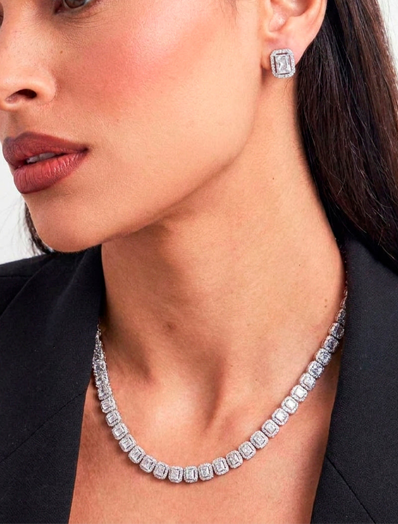 Conjunto Quadrados Cravejados Banho Ródio Cristais Zircônias