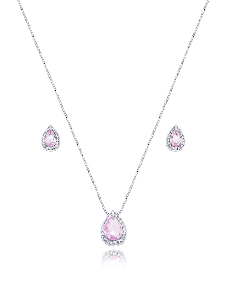Conjunto Gota Cravejada Banho Ródio Cristal Zircônia