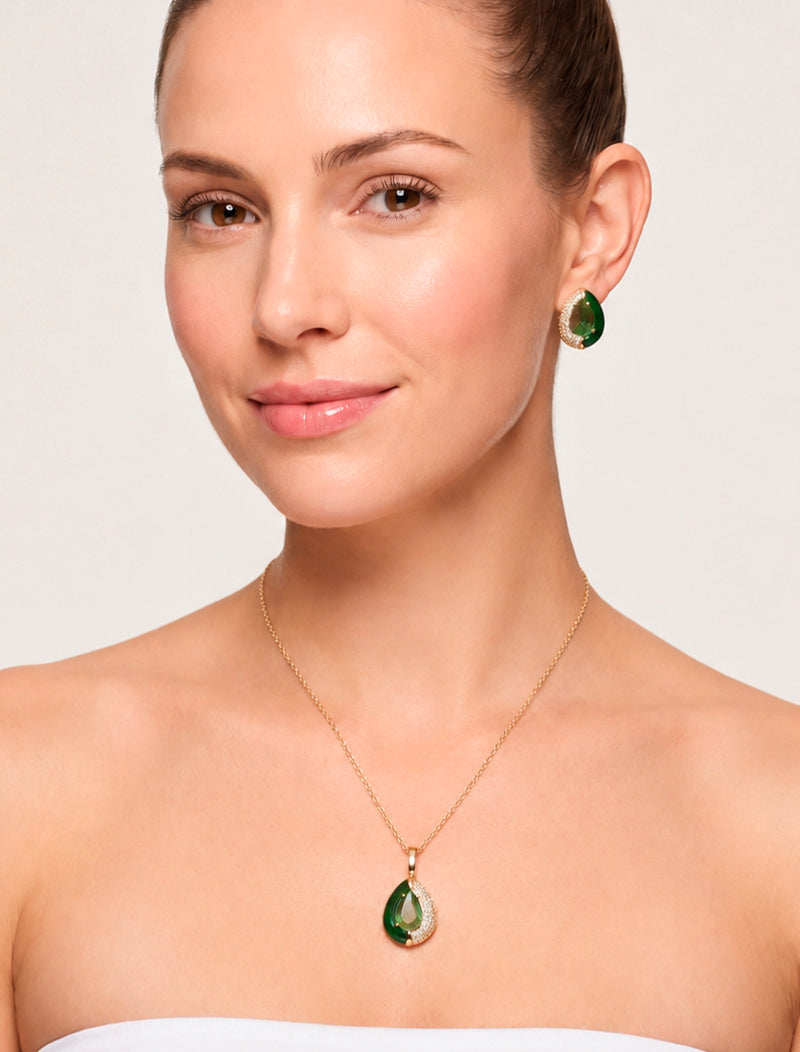 Conjunto Gota Esmaltado Cravejado Banho Ouro 18K