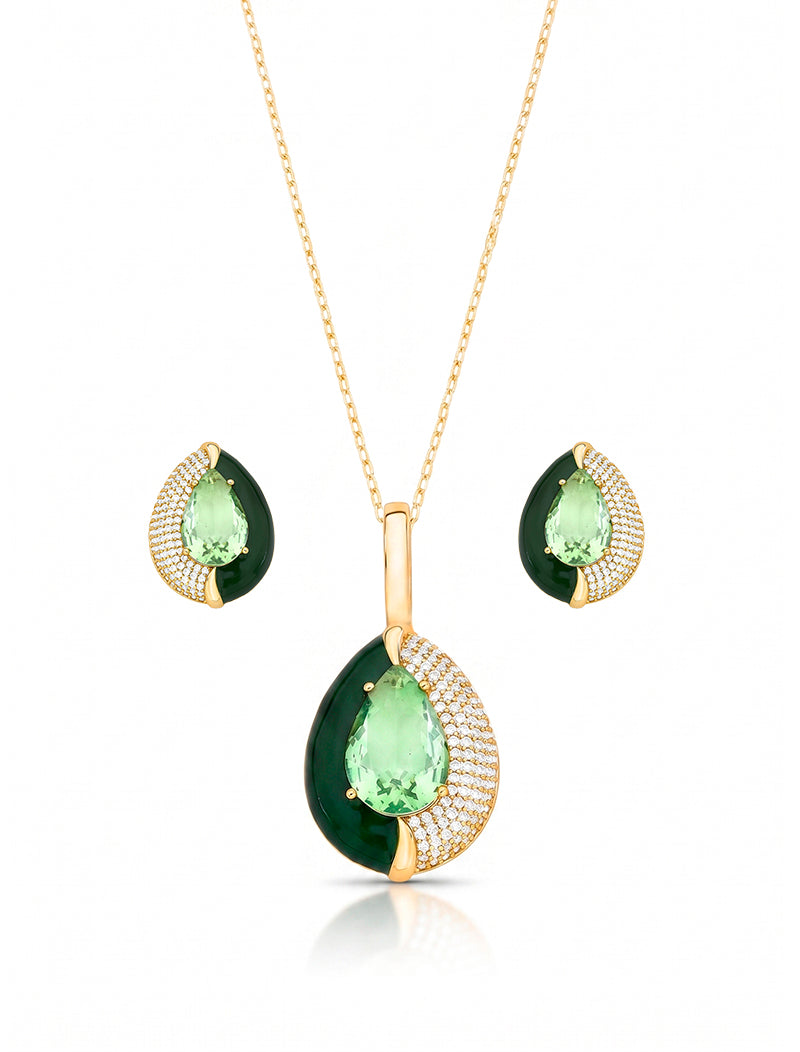 Conjunto Gota Esmaltado Cravejado Banho Ouro 18K