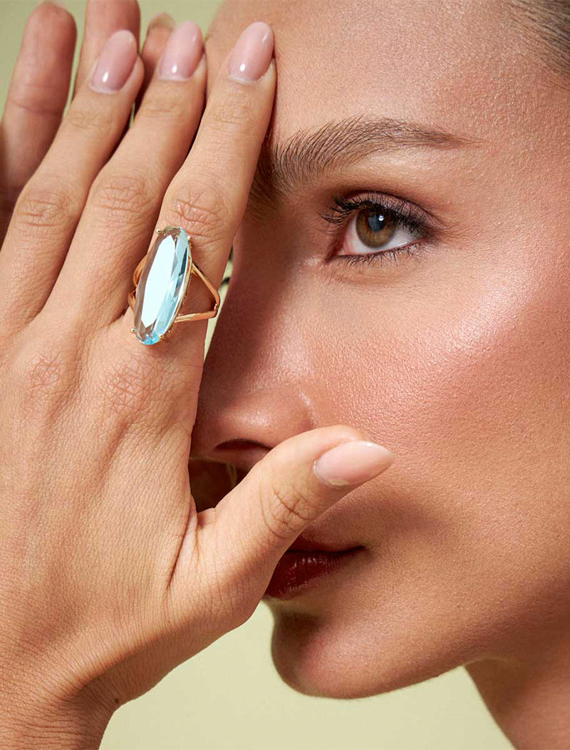 Anel Oval Cumprido Banho Ouro 18K Cristal