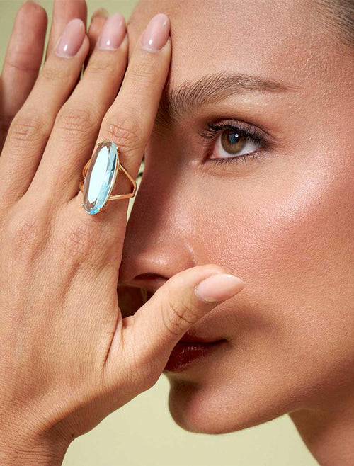 Anel Oval Cumprido Banho Ouro 18K Cristal