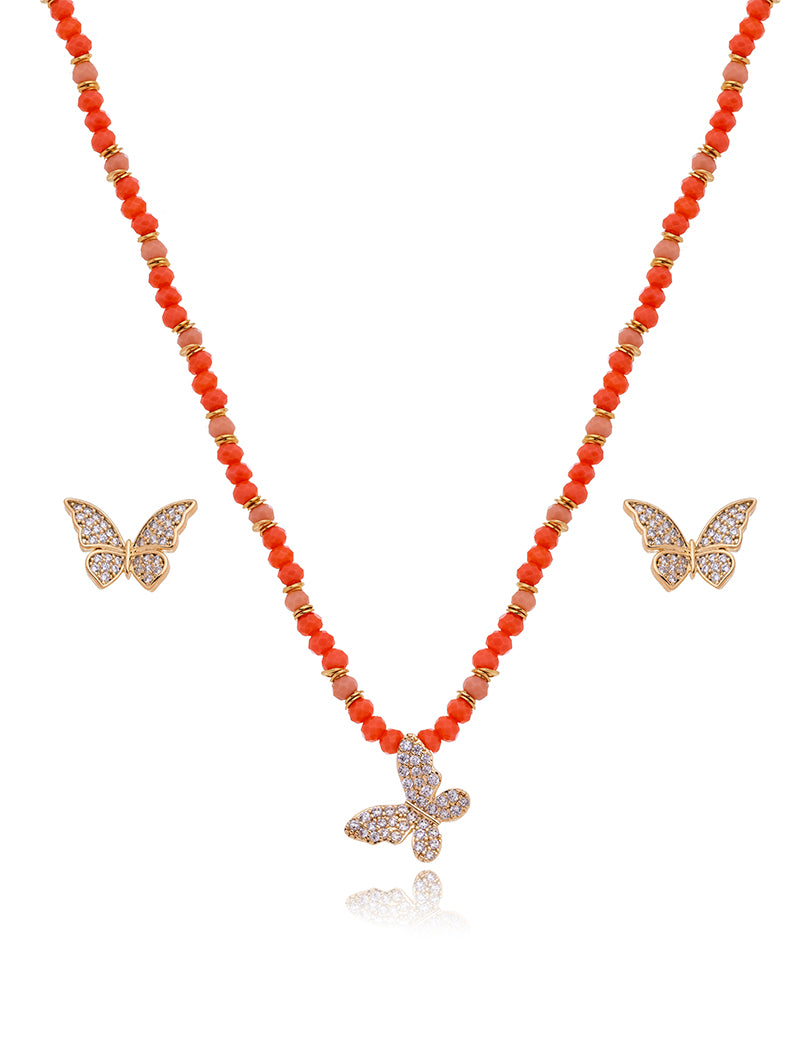 Conjunto Sunset Borboleta Cravejada Banho Ouro 18k Jade