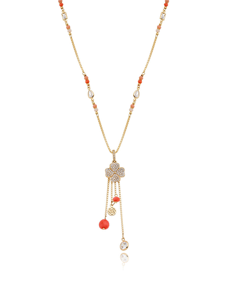 Colar Sunset Longo Ajustável Trevo Cravejado Banho Ouro 18k Jade