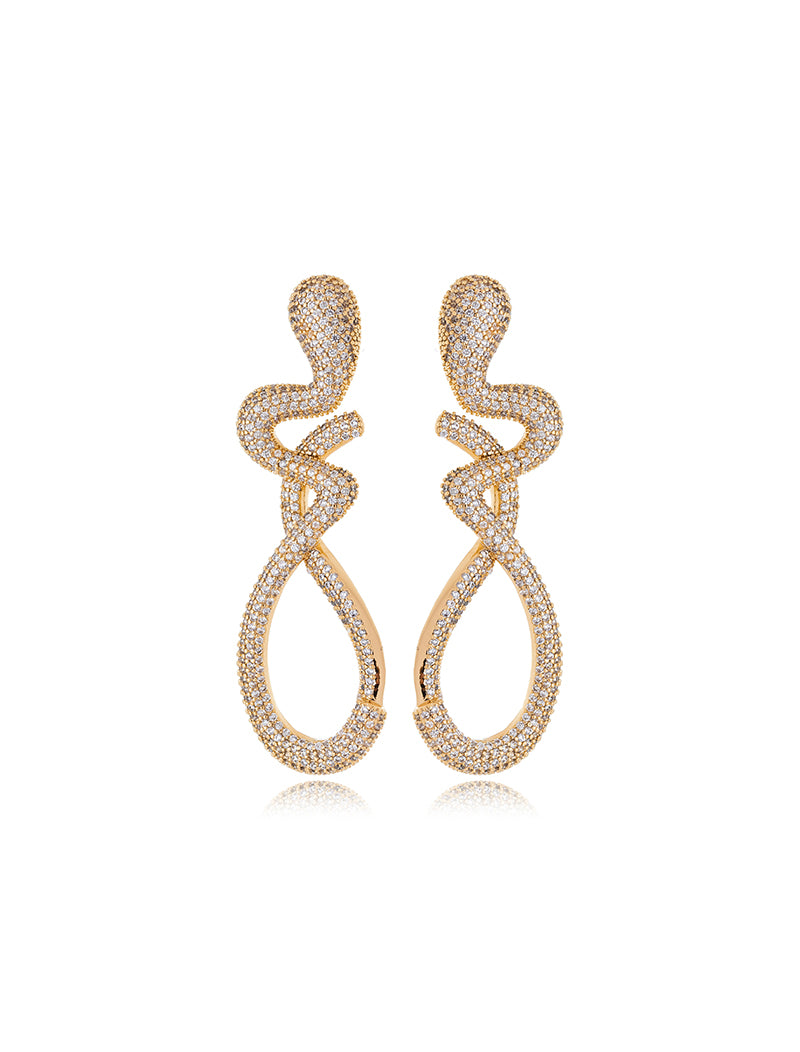 Brinco Longo Entrelaçado Cravejado Banho Ouro 18k