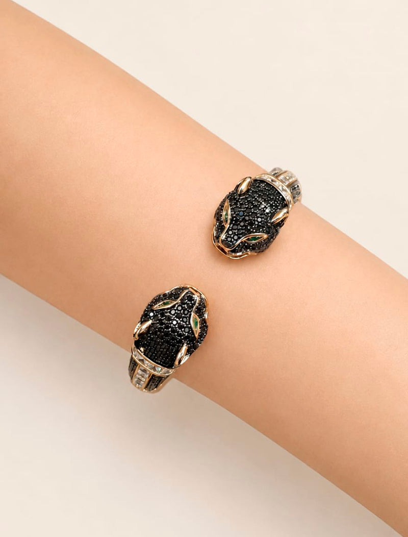 Pulseira Bracelete Duas Panteras Cravejadas Banho Ouro 18K Zircônia