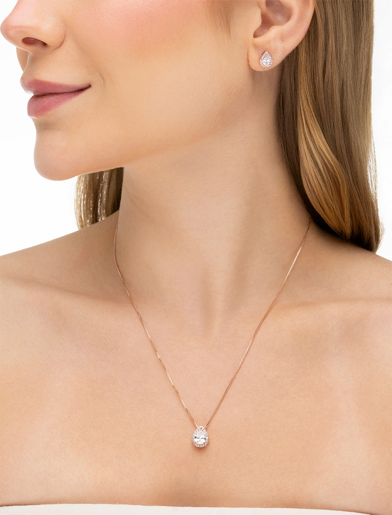 Conjunto Gota Volta Cravejada Banho Ouro Rosê 18k Cristal Zircônias