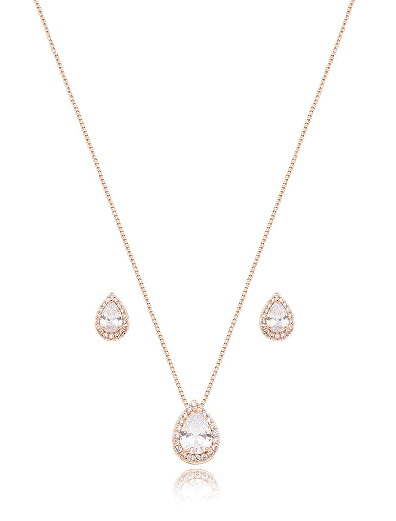 Conjunto Gota Volta Cravejada Banho Ouro Rosê 18k Cristal Zircônias