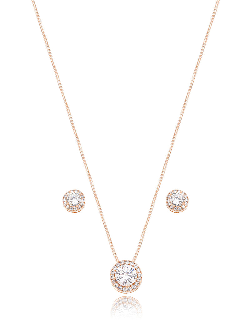 Conjunto Redondo Volta Cravejada Banho Ouro Rosê 18k Cristal Zircônias
