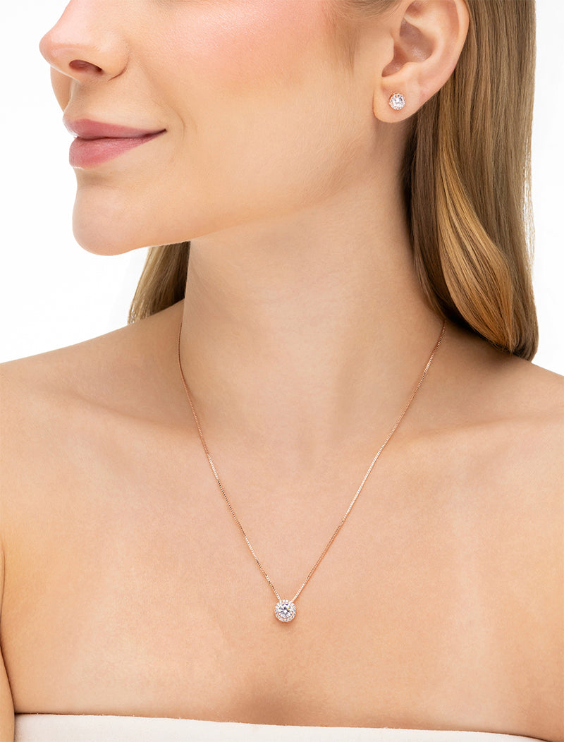 Conjunto Redondo Volta Cravejada Banho Ouro Rosê 18k Cristal Zircônias