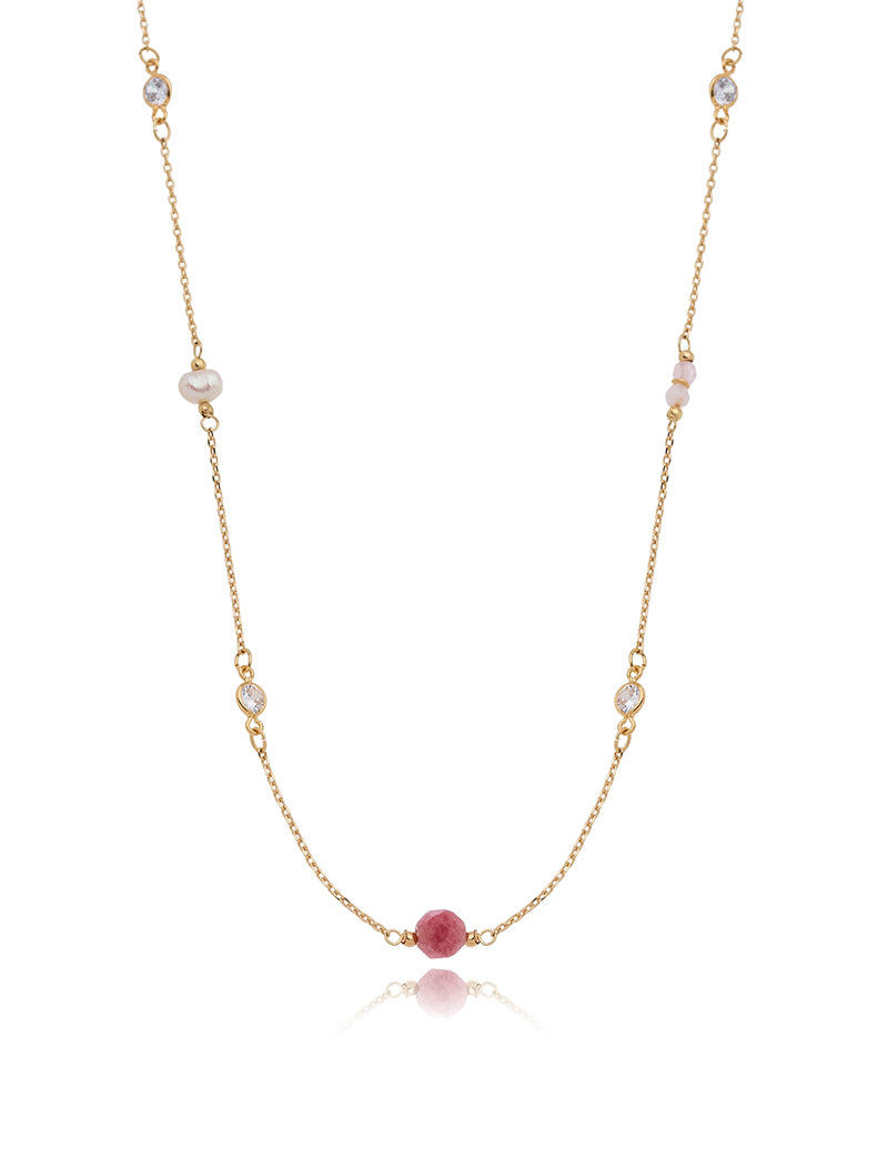 Colar Longo Peony Banho Ouro 18k Jade Pérola Água Doce Cristais