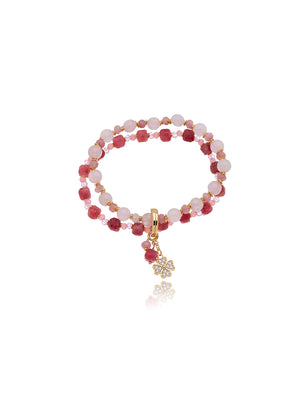 Pulseira Peony Duas Voltas Trevo Cravejado Banho Ouro 18k Quarzto Rosa Rodonita