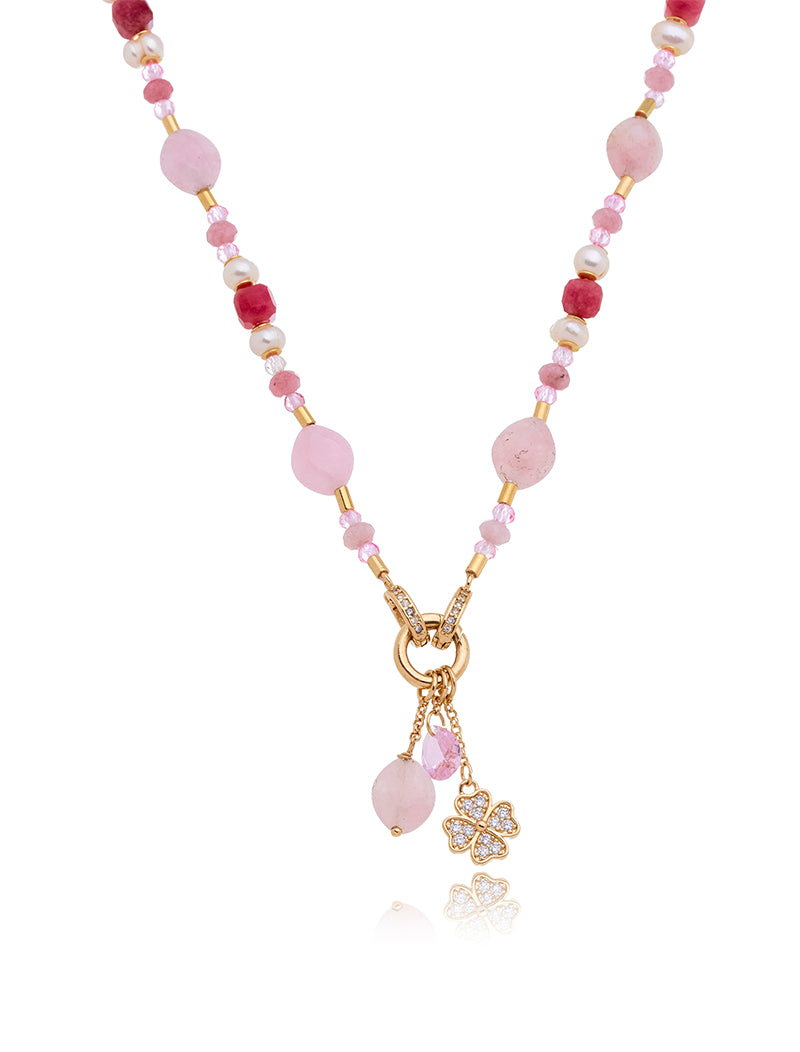 Colar Peony Trevo Cravejado Banho Ouro 18k Quartzo Rosa Pérola Água Doce